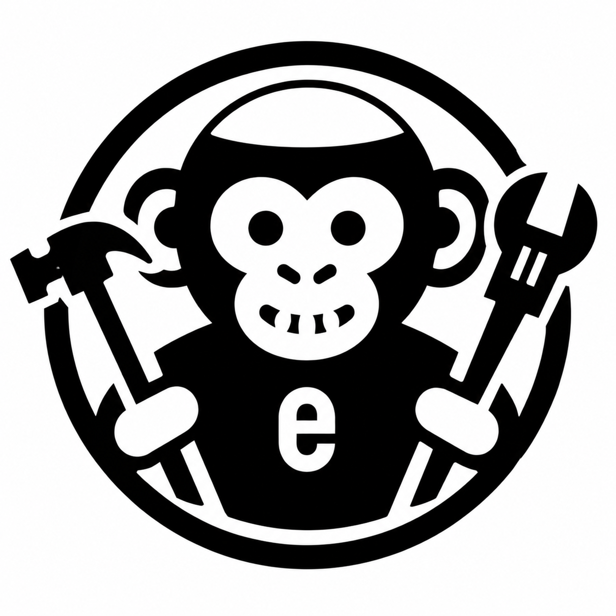 Official Monk-e-Wrenched circular badge: monkey holding a hammer and wrench