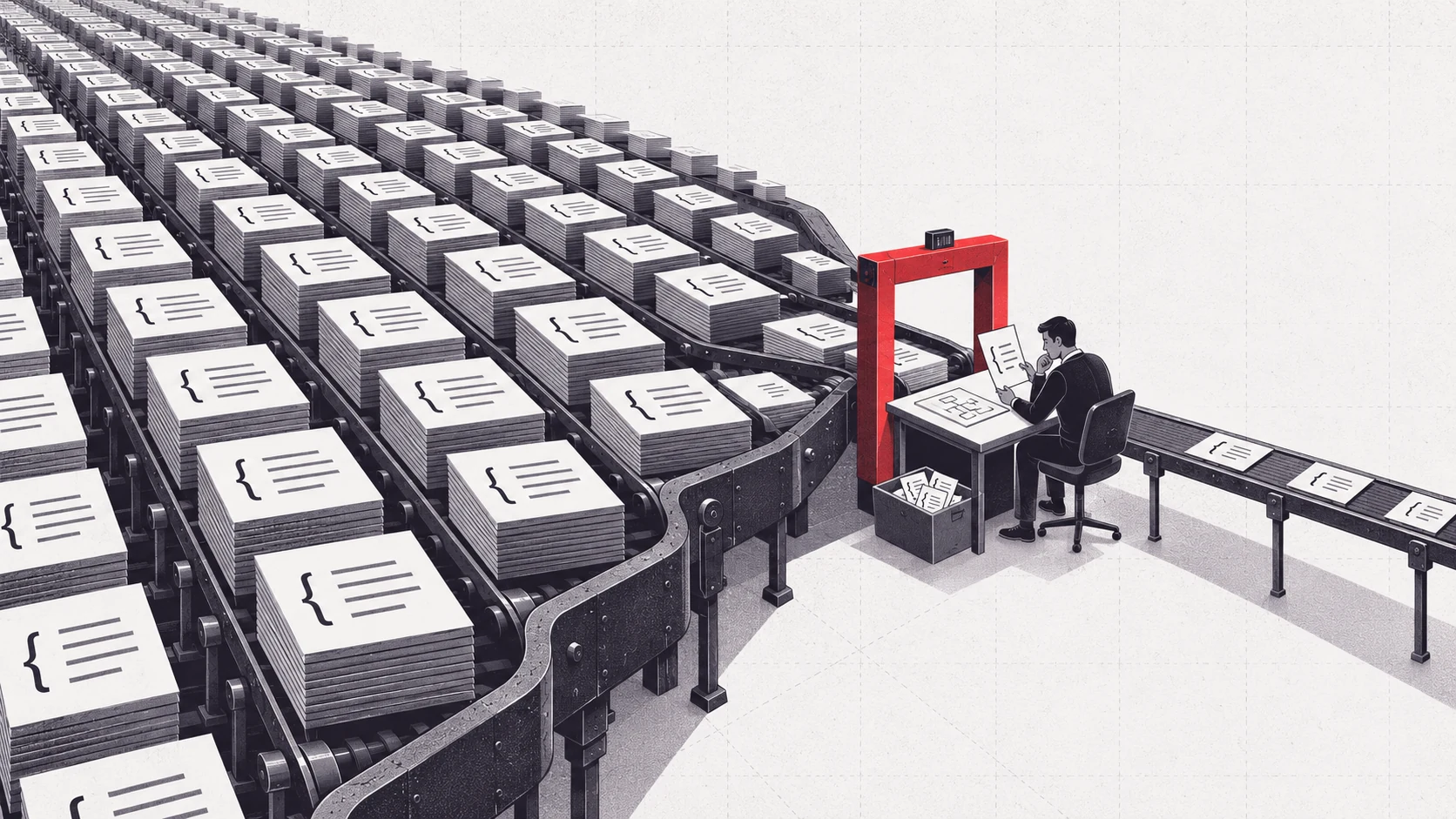 An abundance of code converges on one human reviewer at a red decision gate
