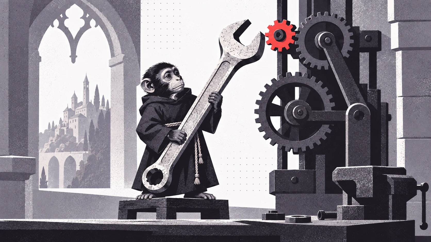 A robed monkey holds an oversized wrench beside a machine with one red gear